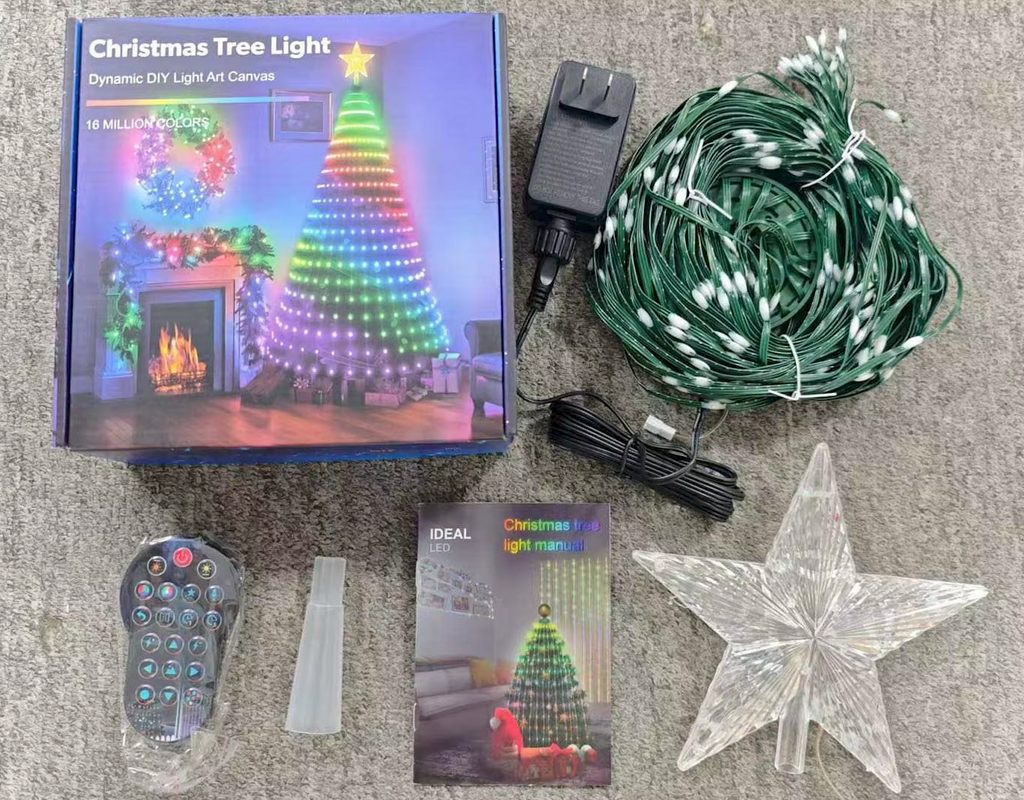 What's in the box: light strands, power adapter, remote control, star topper, tree mount and manual
