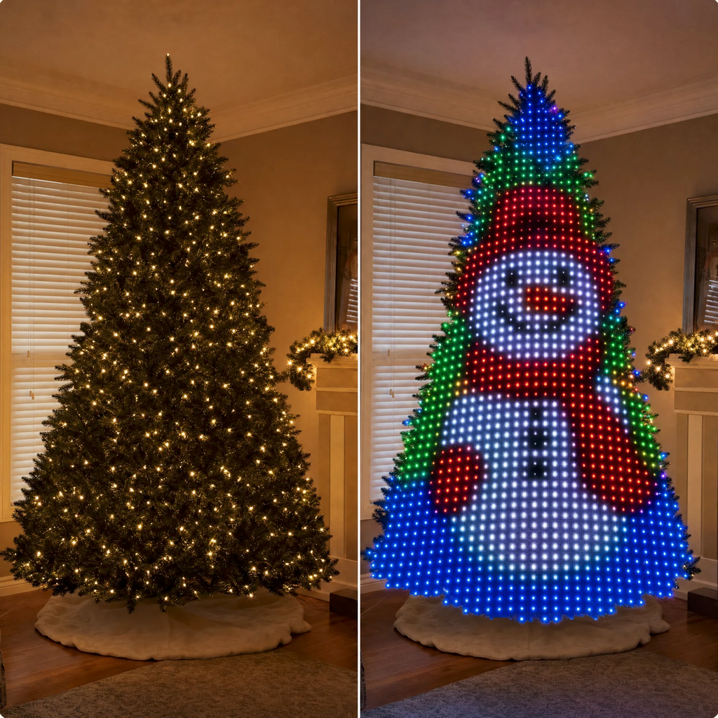 Side by side: a tree with warm white lights and the same tree showing a snowman pattern