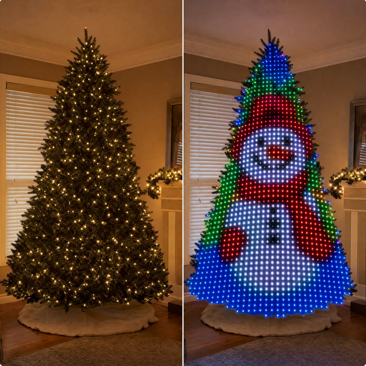 Side by side: a tree with warm white lights and the same tree showing a snowman pattern