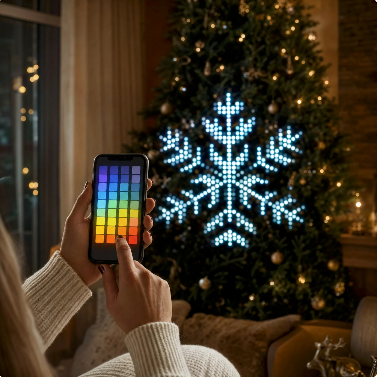 Hand holding a phone with a colour picker in front of a tree lit with a snowflake pattern