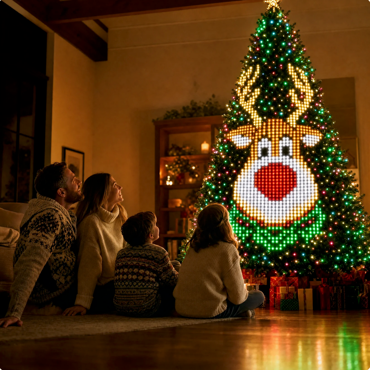 Family sitting on the floor looking up at a Christmas tree lit with a reindeer pattern
