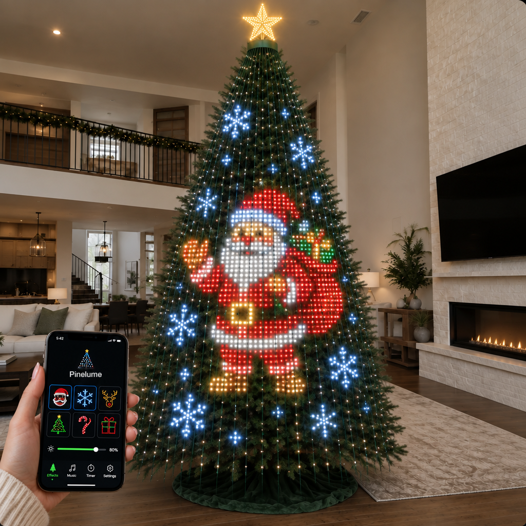 Christmas tree showing a Santa and snowflake light design, with the app open on a phone