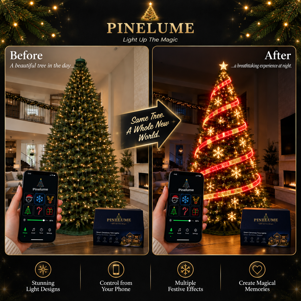 Before and after: the same Christmas tree in warm white by day and with a red ribbon and snowflake light show at night, controlled from a phone