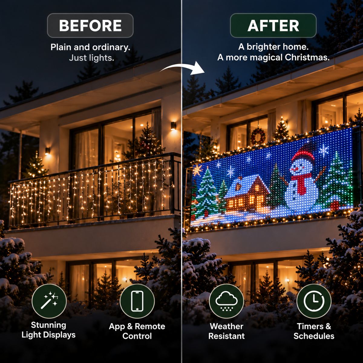 Before-and-after balcony lighting comparison