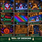 Nine balcony displays: Christmas classics, snow scenes, reindeer, a Merry Christmas message, colour patterns, a winter village, other holiday themes, ambient lighting and custom designs in the app