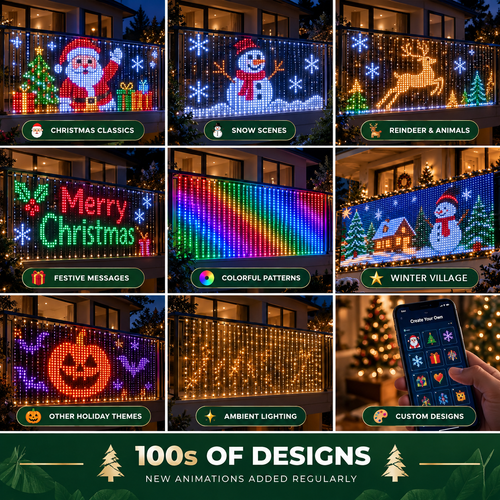 Nine balcony displays: Christmas classics, snow scenes, reindeer, a Merry Christmas message, colour patterns, a winter village, other holiday themes, ambient lighting and custom designs in the app