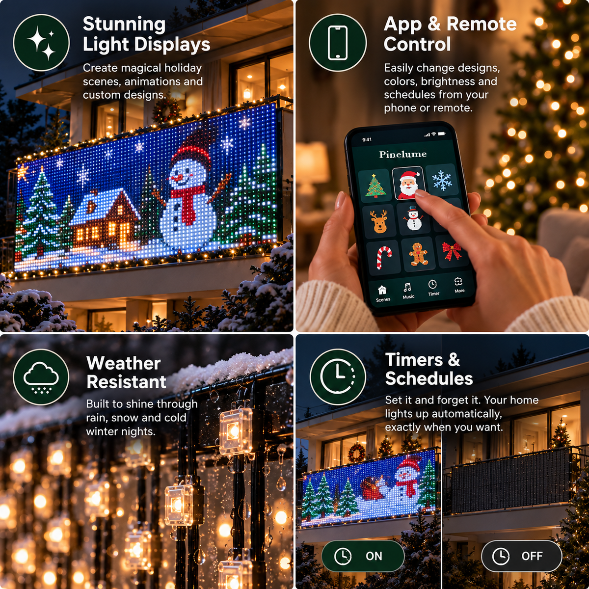 Four-panel image showing lighting, app control, weather resistance and scheduling