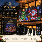 Pinelume × Glowdeck smart balcony lights showing an animated Santa and Christmas tree on a balcony, with the box, LED curtain, controller, remote and app