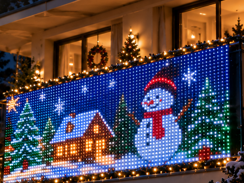 Balcony LED curtain displaying a snowman and Christmas village