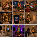 Nine homes with Pinelume tree lights showing Santa, a bow, a snowman, a reindeer, a candy cane, a gingerbread man, a snowflake and a teddy bear