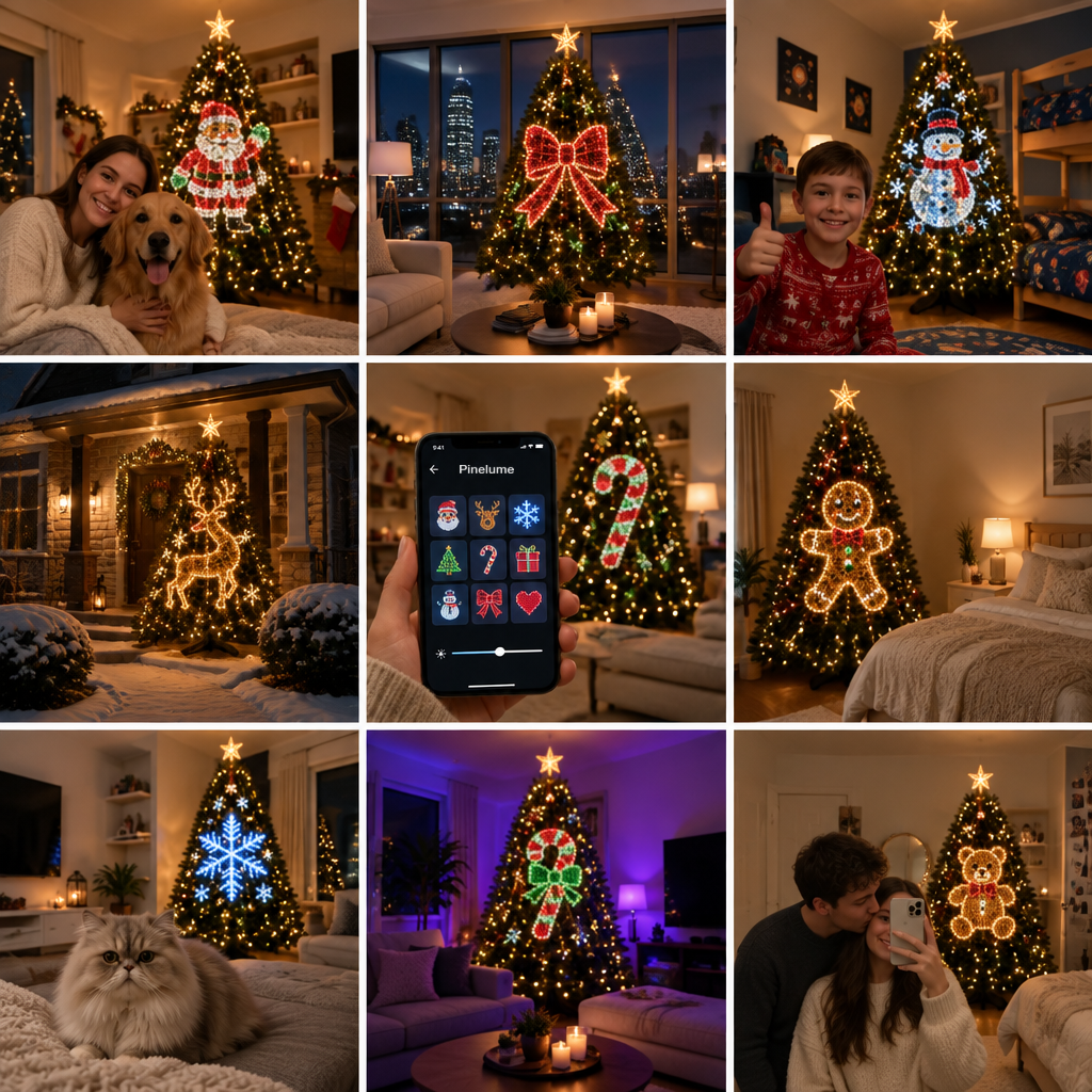 Nine homes with Pinelume tree lights showing Santa, a bow, a snowman, a reindeer, a candy cane, a gingerbread man, a snowflake and a teddy bear