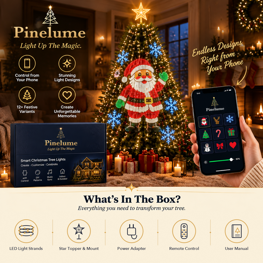 Pinelume smart Christmas tree lights showing a Santa design on the tree, with the app on a phone and what's in the box: light strands, star topper and mount, power adapter, remote control and user manual