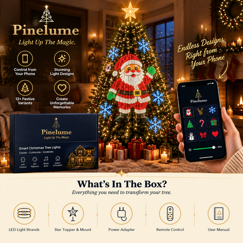 Pinelume smart Christmas tree lights showing a Santa design on the tree, with the app on a phone and what's in the box: light strands, star topper and mount, power adapter, remote control and user manual