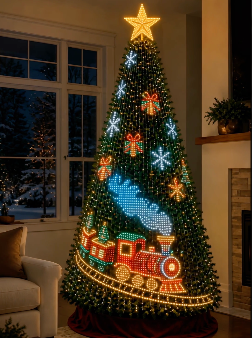 Tree showing an animated train and snowflake design